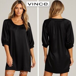 Vince Black Satin Silk Shift Dress Round Neck Puff Sleeves Size Small S